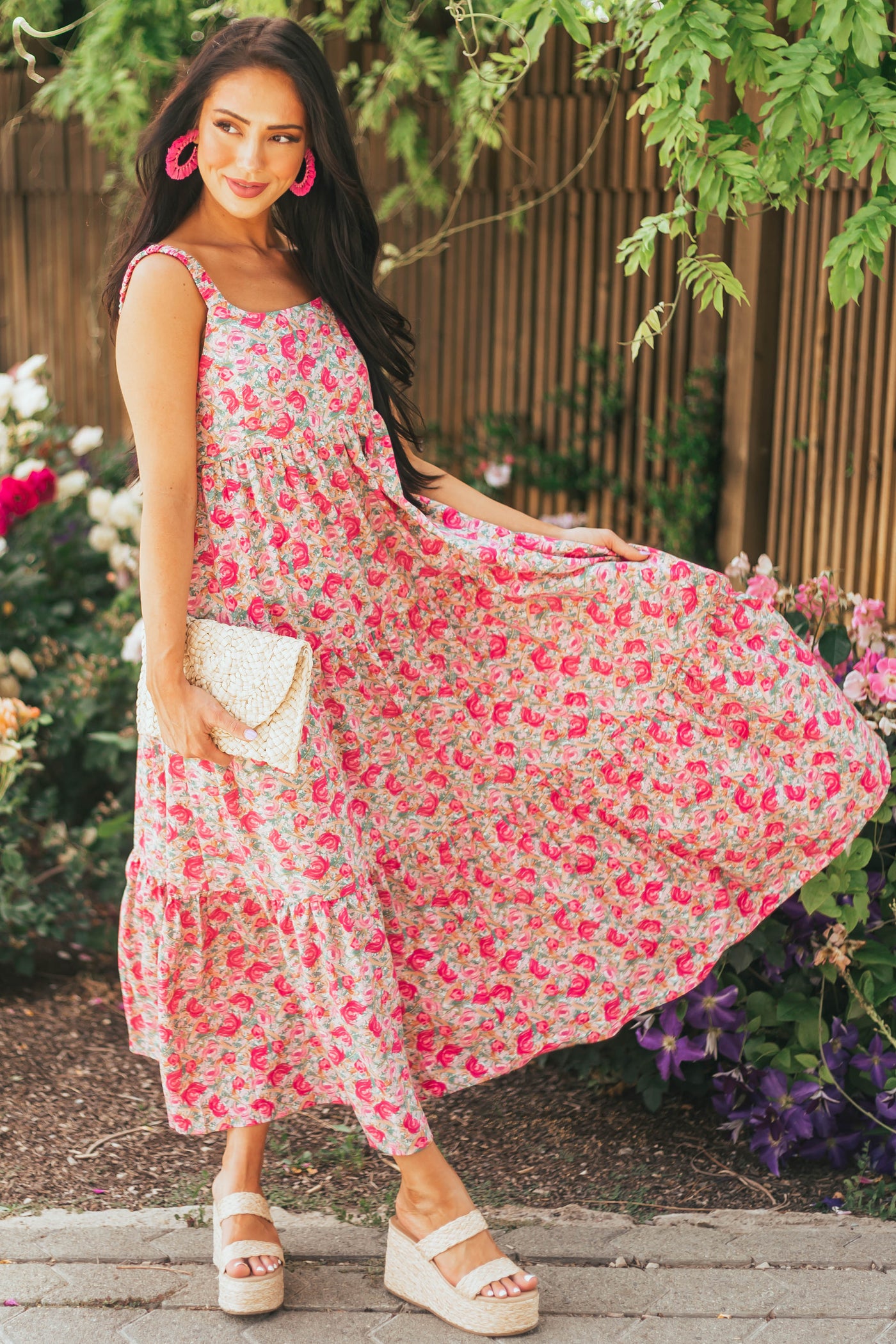 Faded Magenta Floral Sleeveless Tiered Maxi Dress