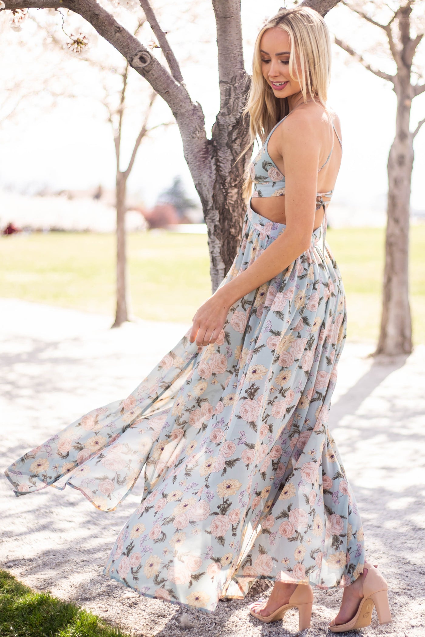 Faded Teal Floral Cut Out Waist Maxi Dress