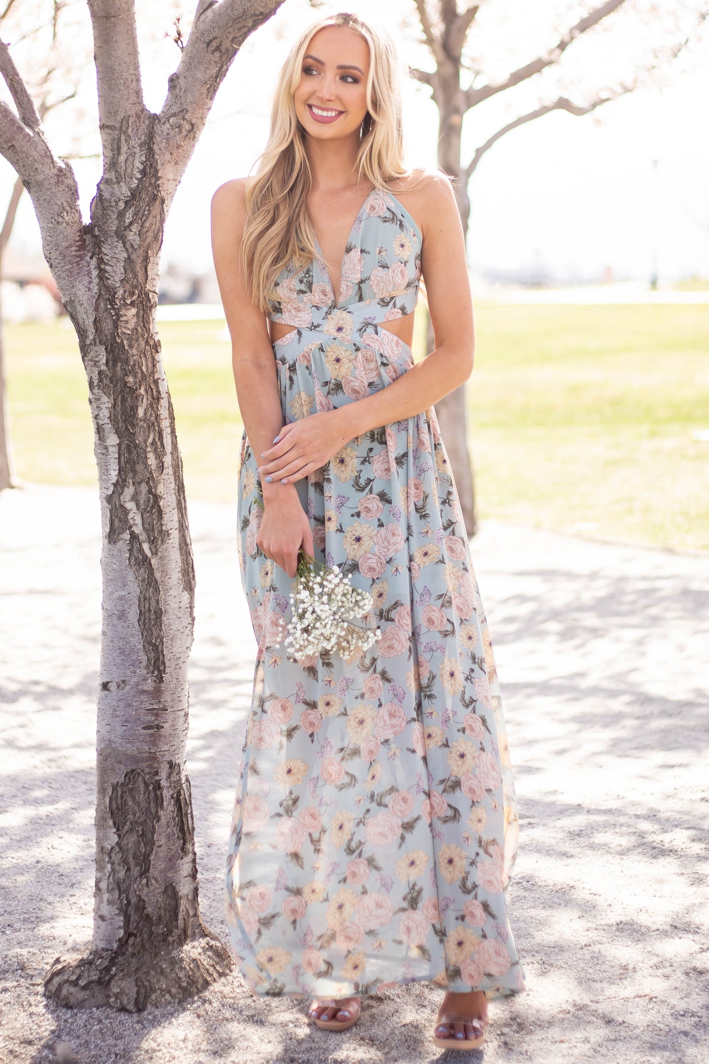 Faded Teal Floral Cut Out Waist Maxi Dress