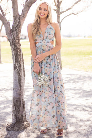 Faded Teal Floral Cut Out Waist Maxi Dress