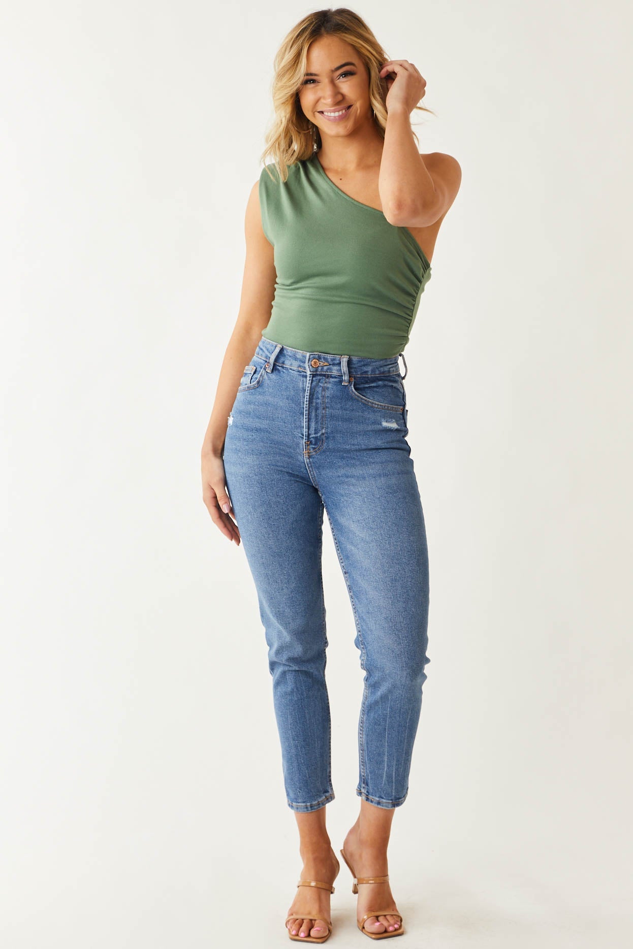 Fern Green One Shoulder Side Ruched Knit Tank Top