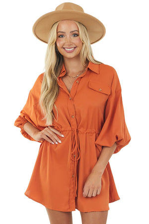 Fire Button Up Balloon Sleeve Waist Tie Dress