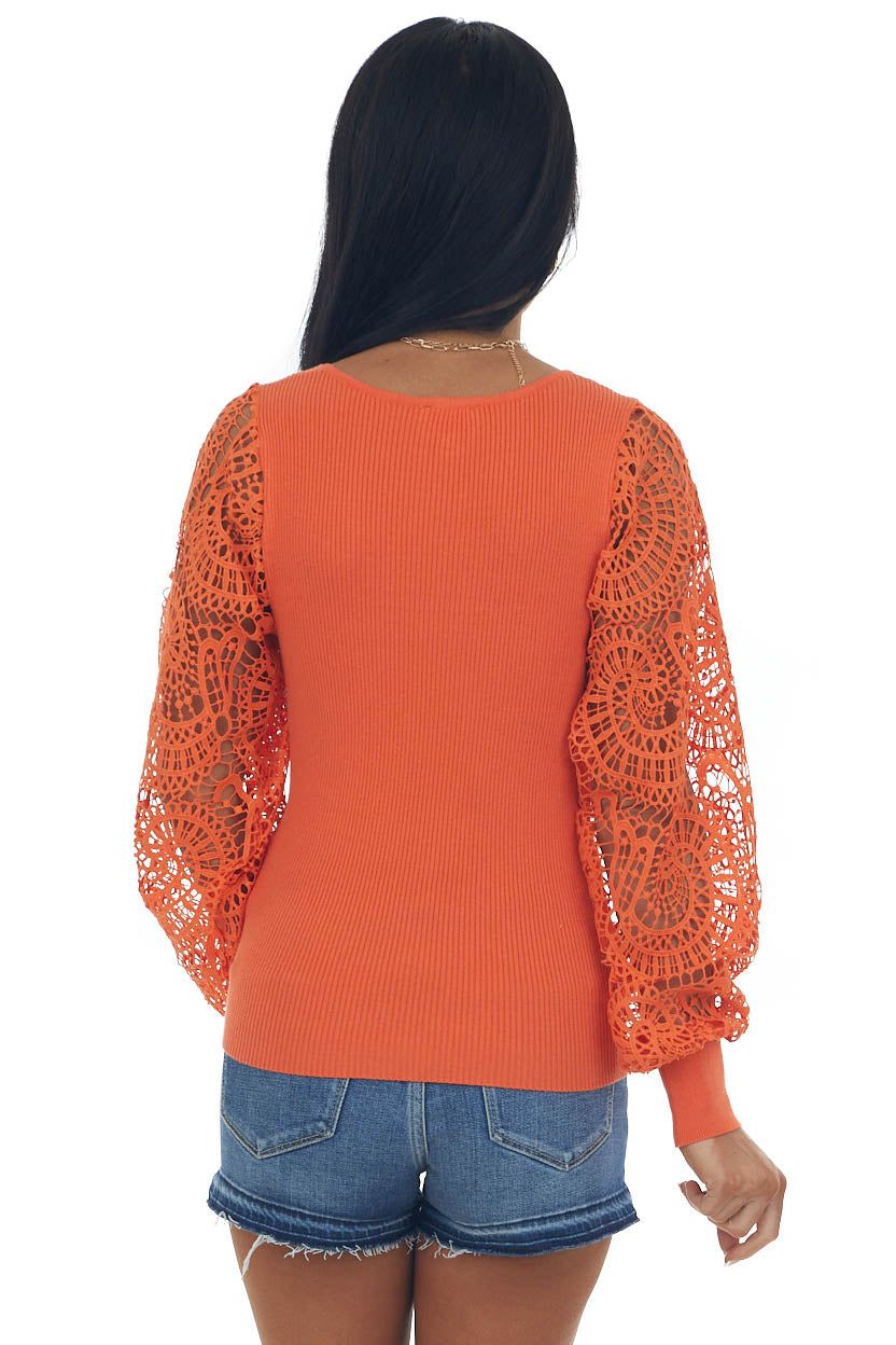 Fire Crochet Lace Long Sleeve Ribbed Knit Top