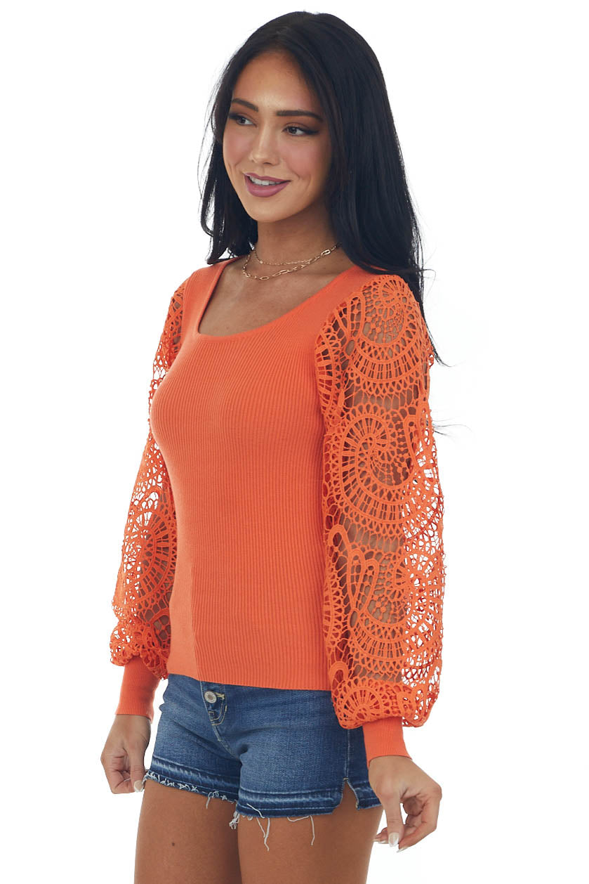 Fire Crochet Lace Long Sleeve Ribbed Knit Top