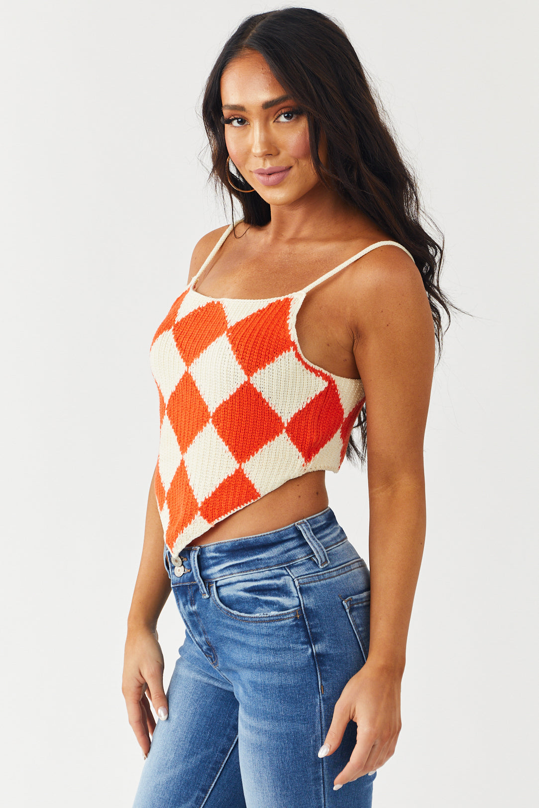 Fire Orange Checkered Knit Tank Top