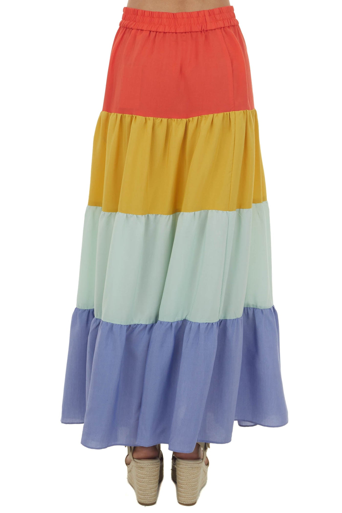 Fire Orange Colorblock Tiered Maxi Skirt
