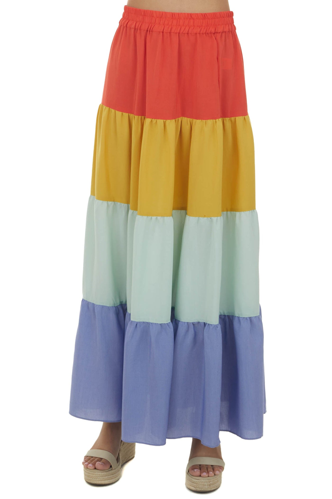 Fire Orange Colorblock Tiered Maxi Skirt