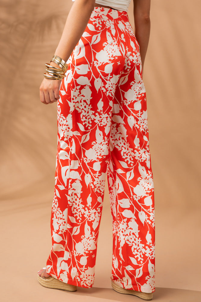 Fire Orange Floral Print Wide Leg Satin Pants