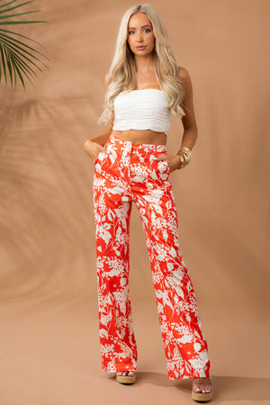 Fire Orange Floral Print Wide Leg Satin Pants