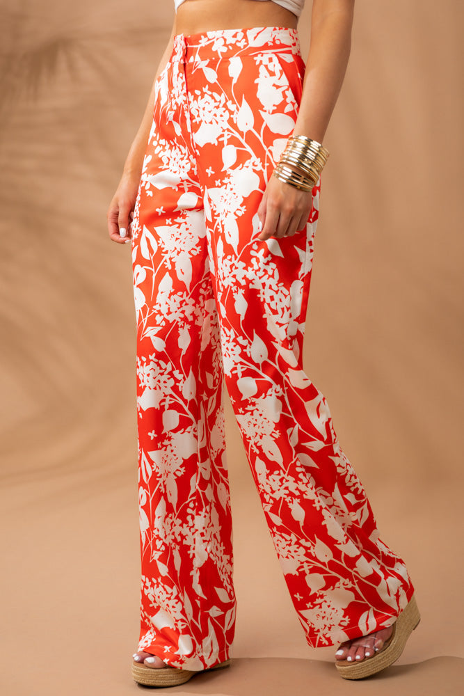 Fire Orange Floral Print Wide Leg Satin Pants