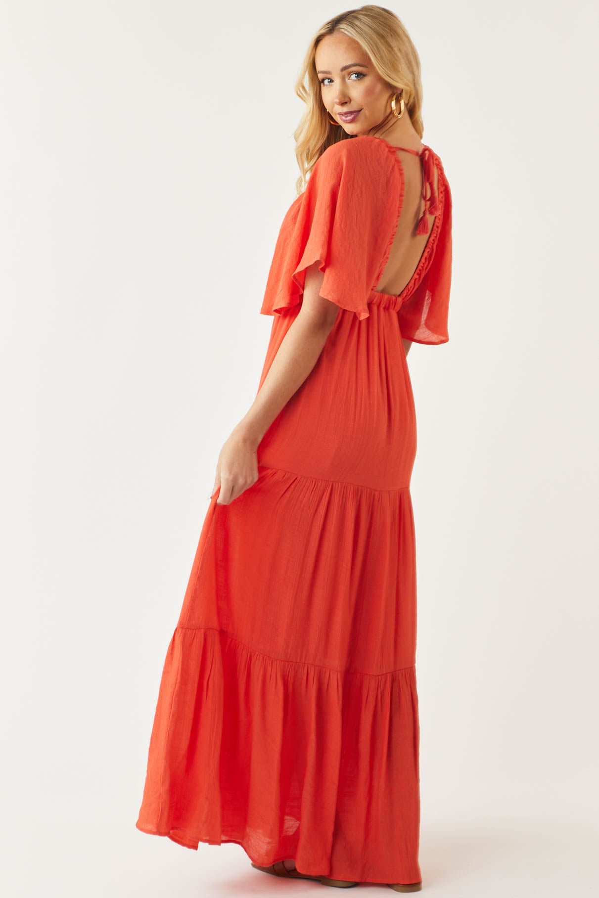 Fire Orange Plunging V Neck Tiered Maxi Dress