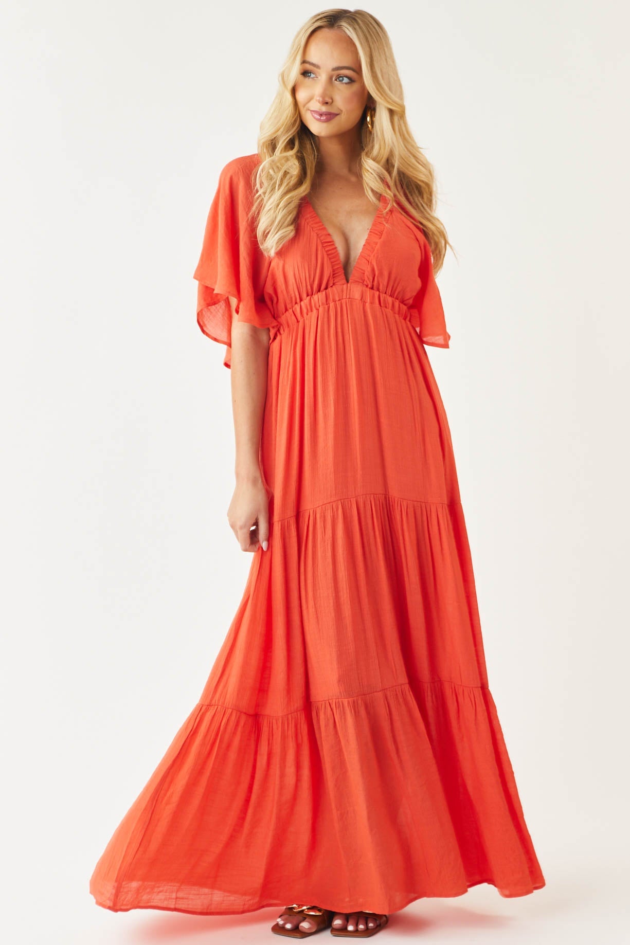 Fire Orange Plunging V Neck Tiered Maxi Dress