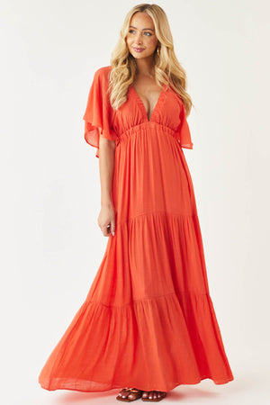 Fire Orange Plunging V Neck Tiered Maxi Dress
