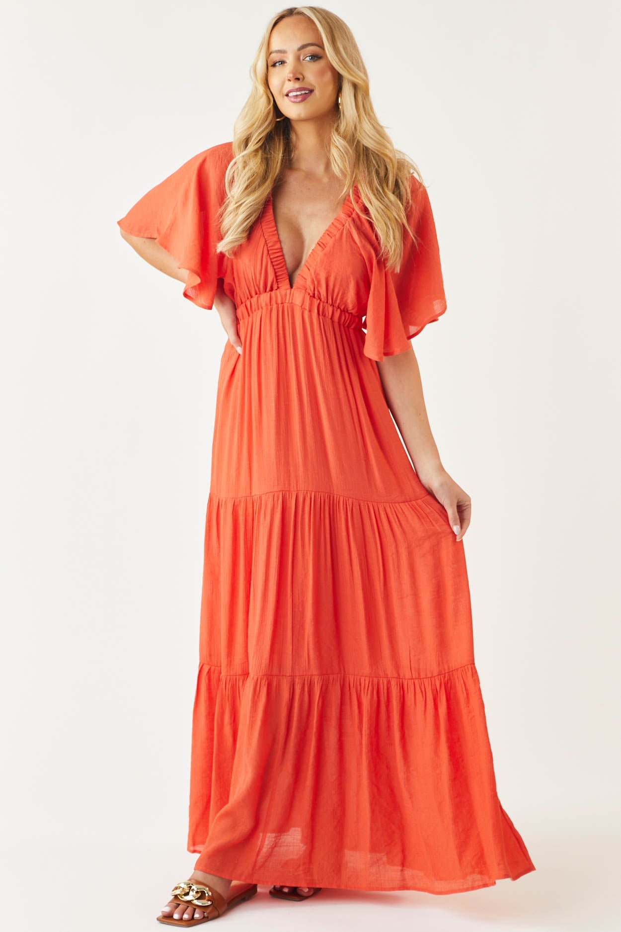 Fire Orange Plunging V Neck Tiered Maxi Dress