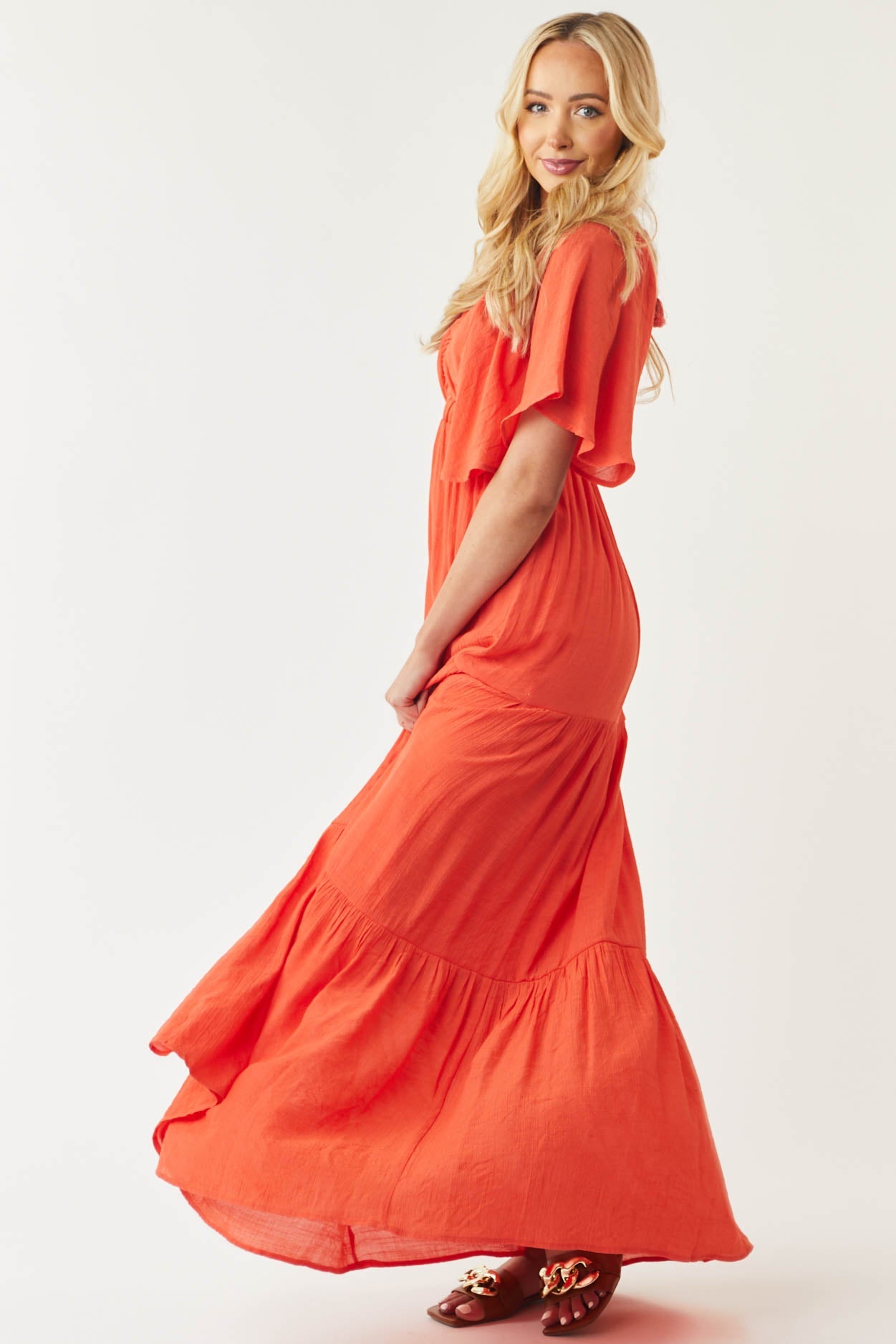 Fire Orange Plunging V Neck Tiered Maxi Dress
