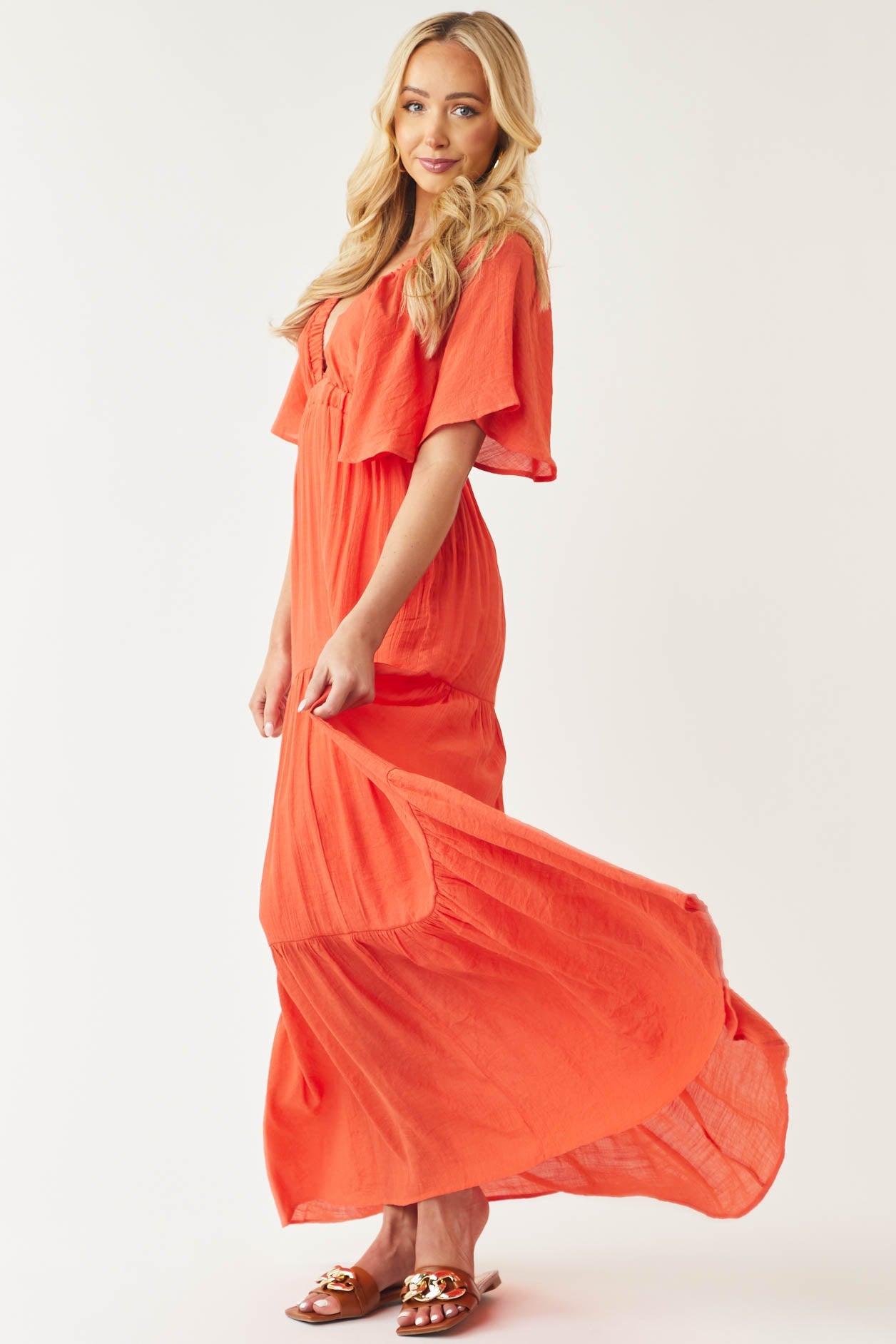 Fire Orange Plunging V Neck Tiered Maxi Dress