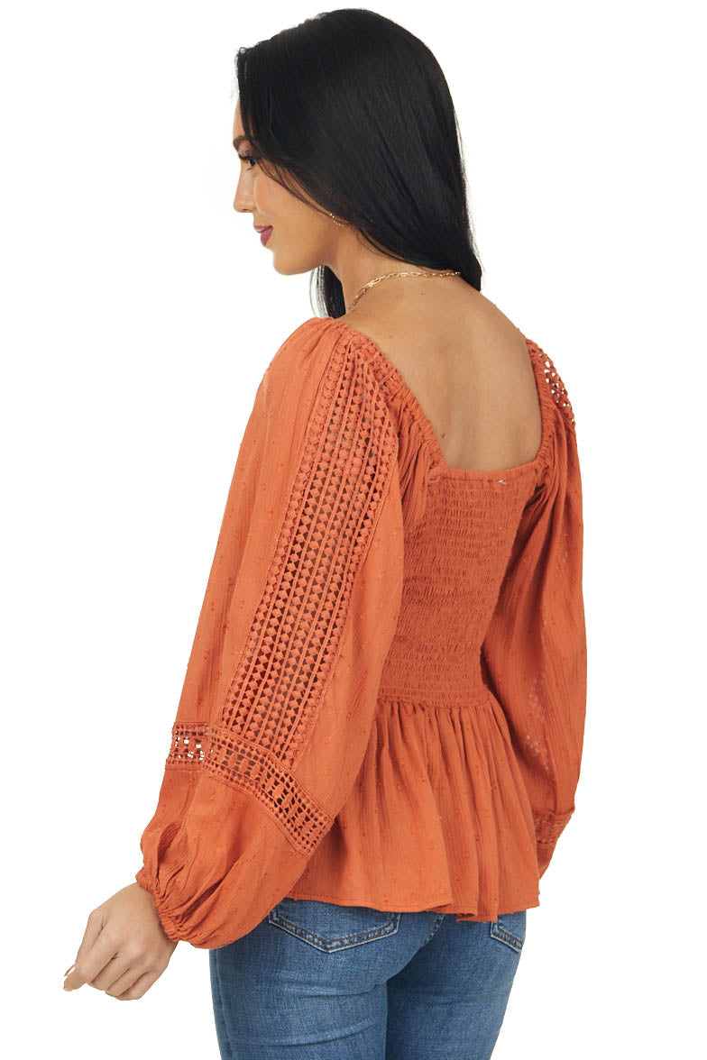 Fire Swiss Dot Smocked Lace Detail Bodice Top