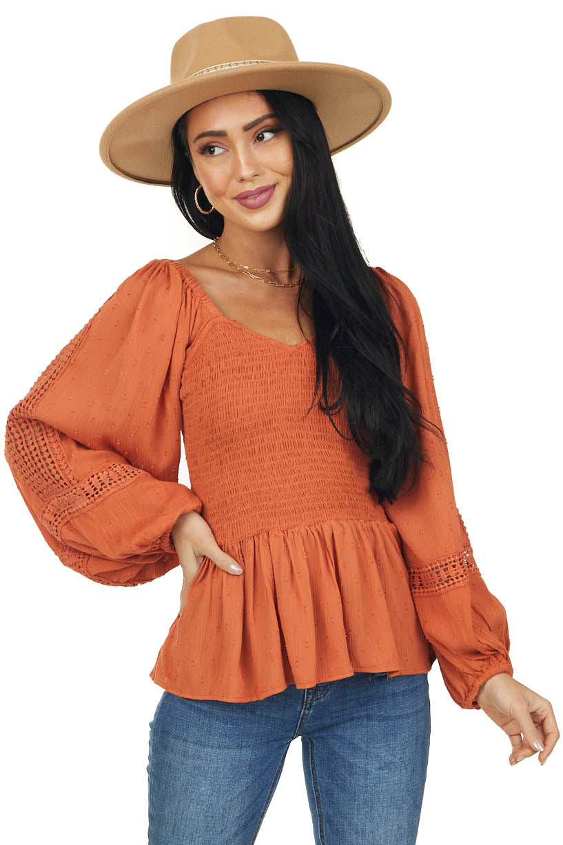 Fire Swiss Dot Smocked Lace Detail Bodice Top