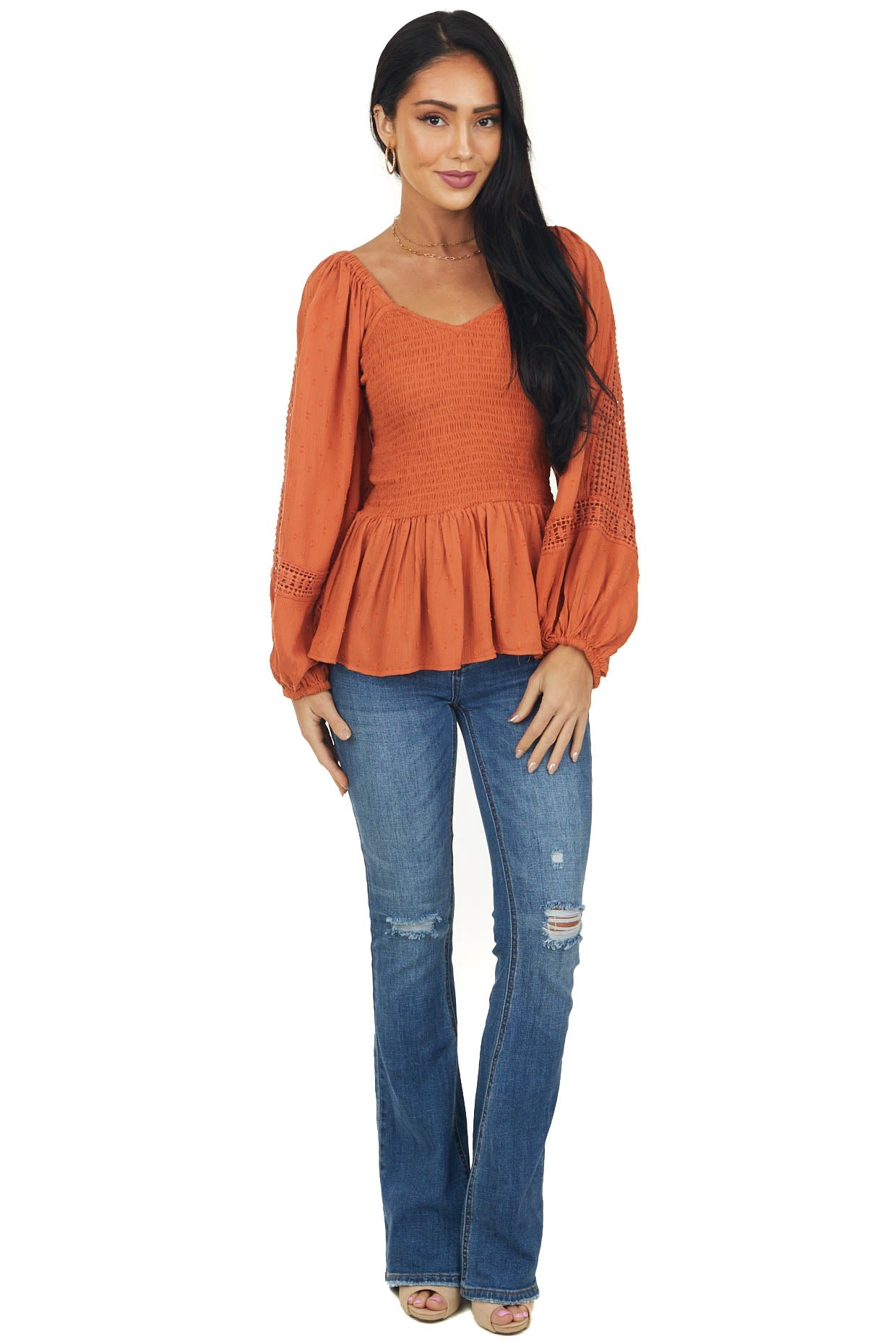 Fire Swiss Dot Smocked Lace Detail Bodice Top