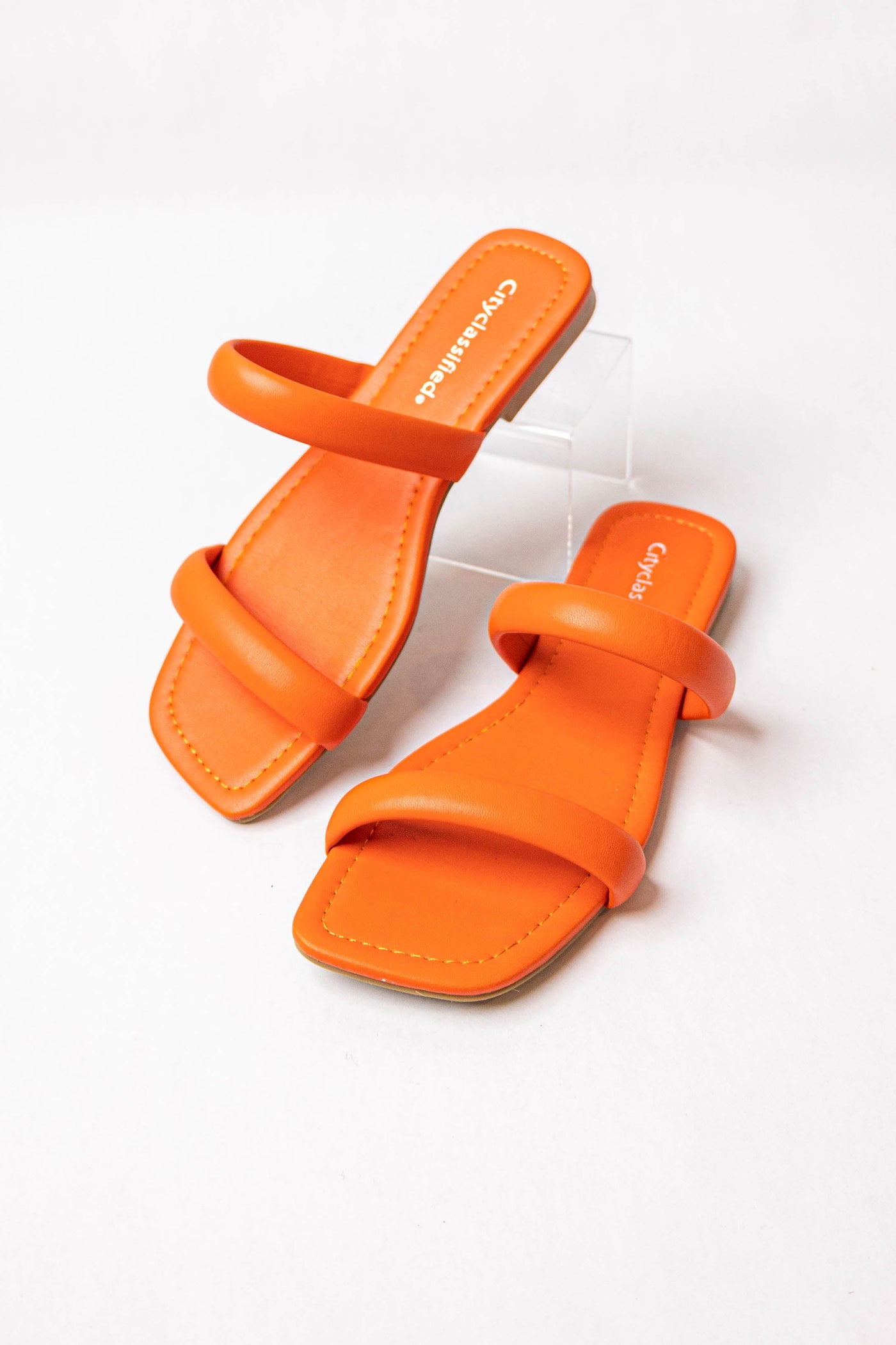 Fire Orange Pleather Square Toe Slip On Sandals