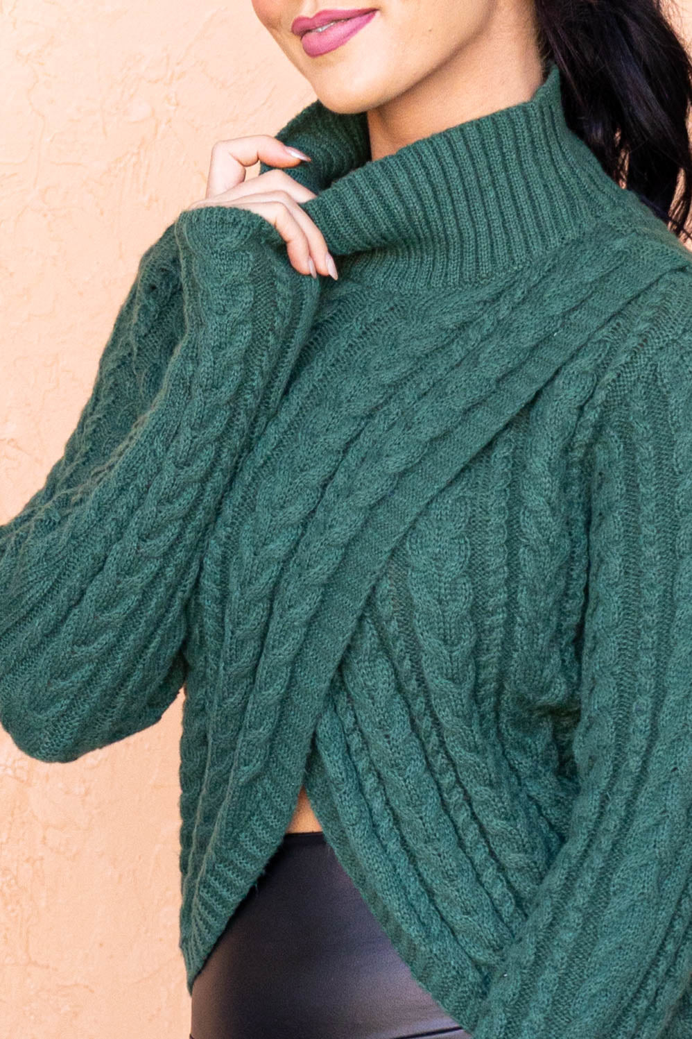 Forest Cable Knit Mock Neck Wrap Sweater