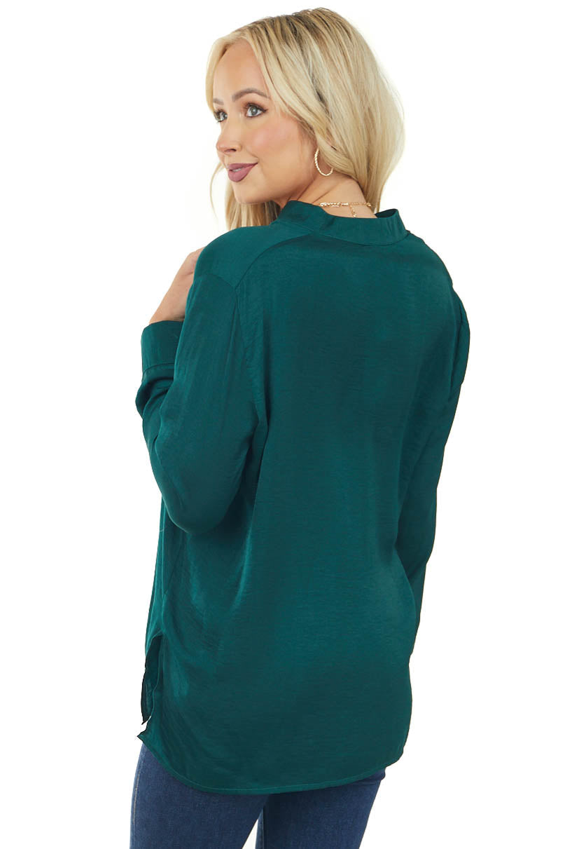Forest Collared V Neck Satin Side Slit Blouse