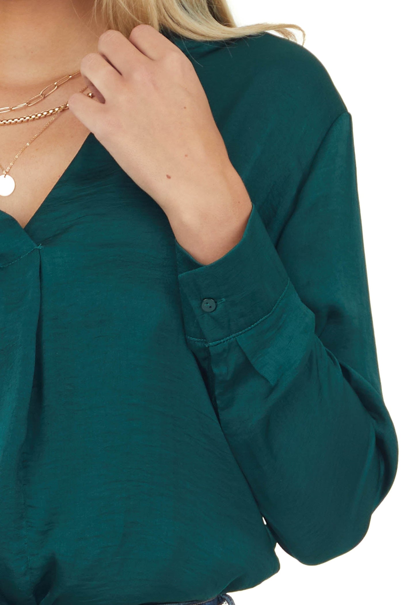 Forest Collared V Neck Satin Side Slit Blouse