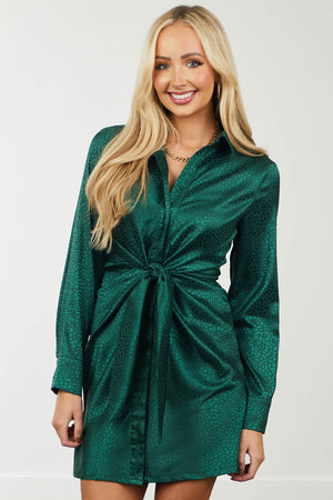Forest Green Animal Jacquard Satin Shirt Dress