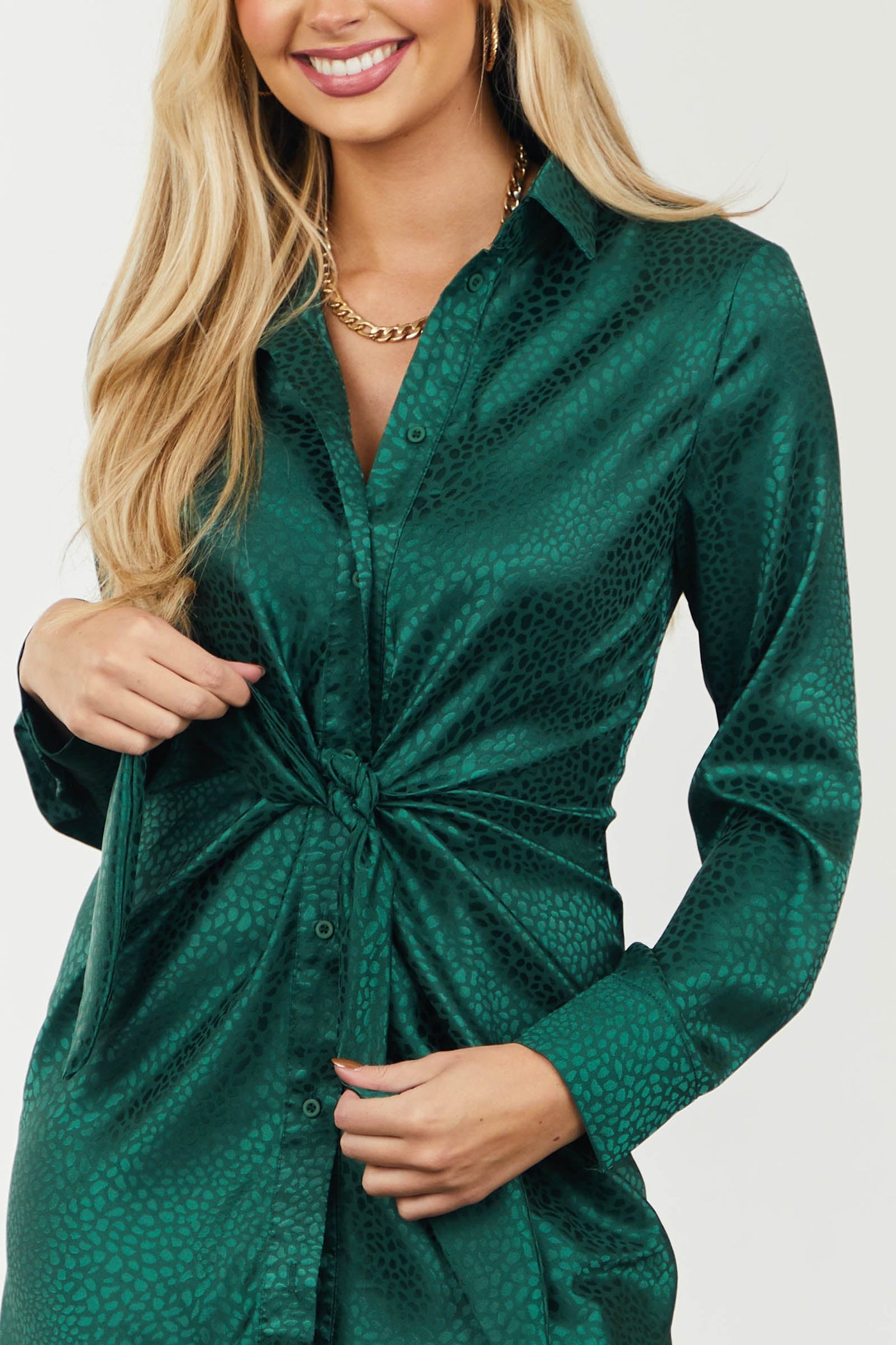Forest Green Animal Jacquard Satin Shirt Dress