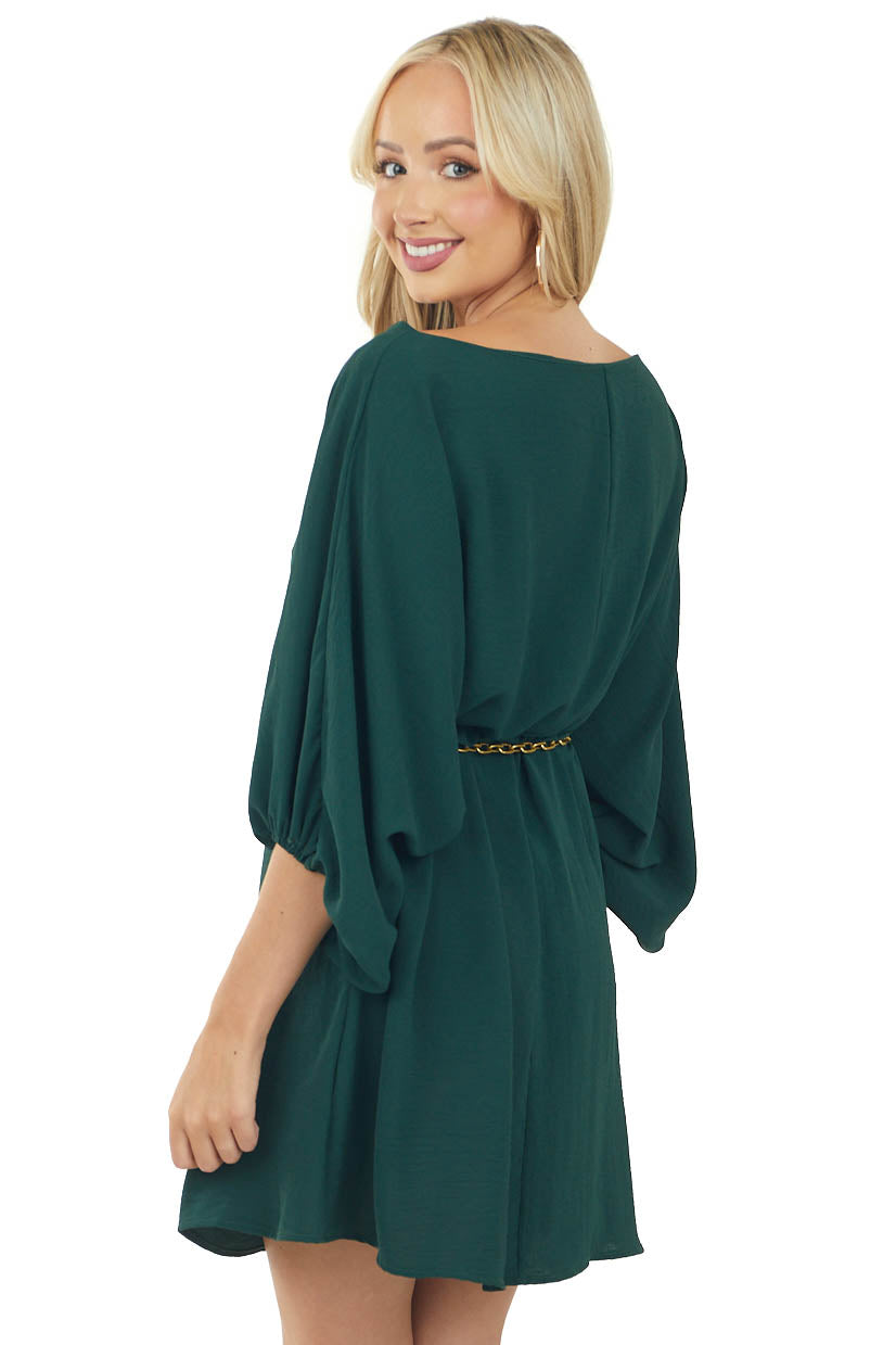 Forest Green Boat Neck Cinched Waist Mini Dress