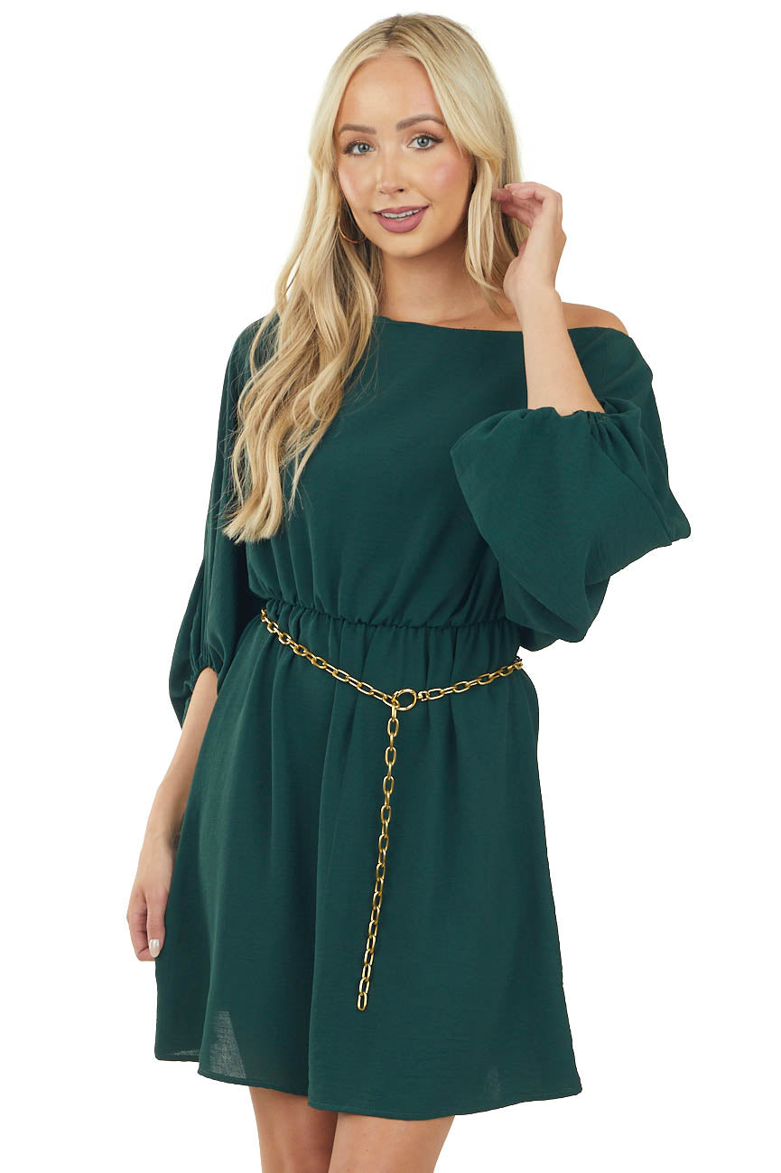 Forest Green Boat Neck Cinched Waist Mini Dress