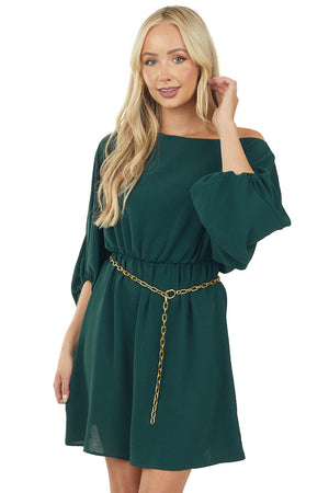 Forest Green Boat Neck Cinched Waist Mini Dress