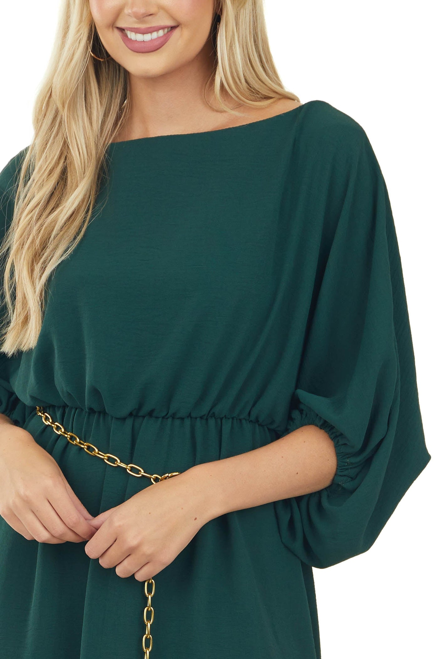 Forest Green Boat Neck Cinched Waist Mini Dress