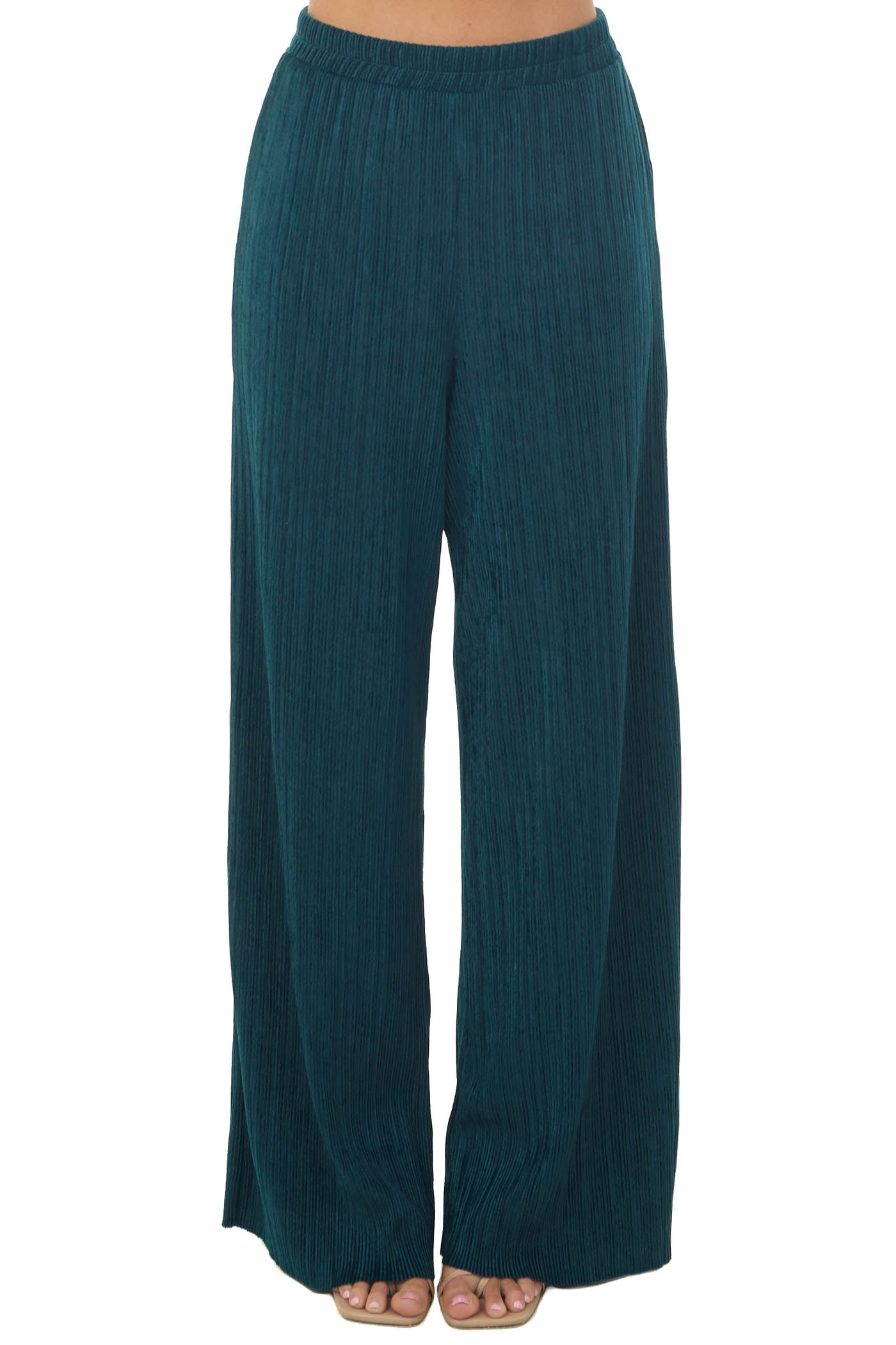 Forest Green Elastic Waist Wide Leg Ribbed Pants
