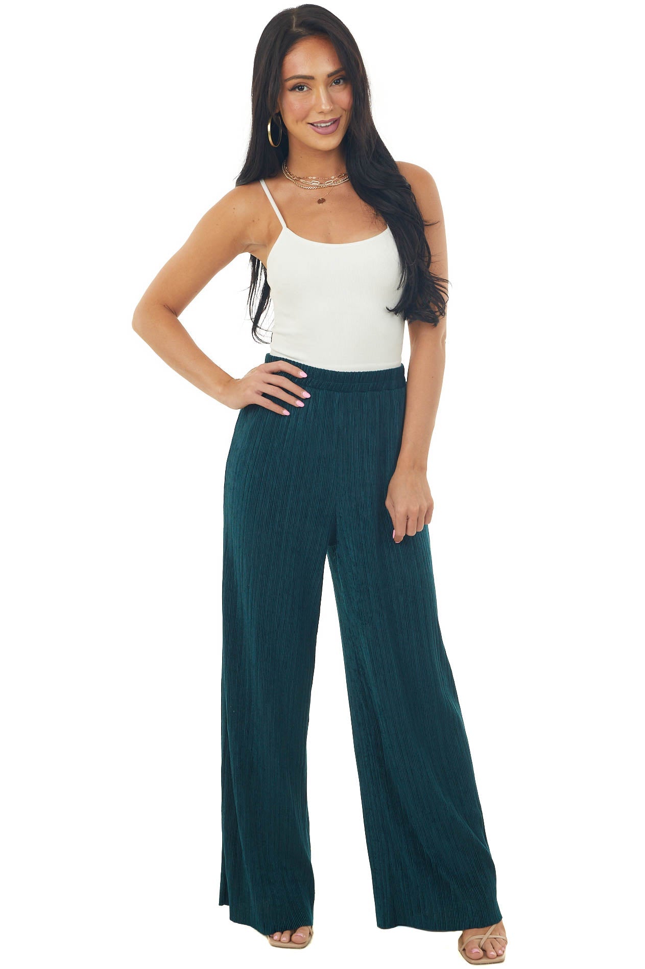 Forest Green Elastic Waist Wide Leg Ribbed Pants