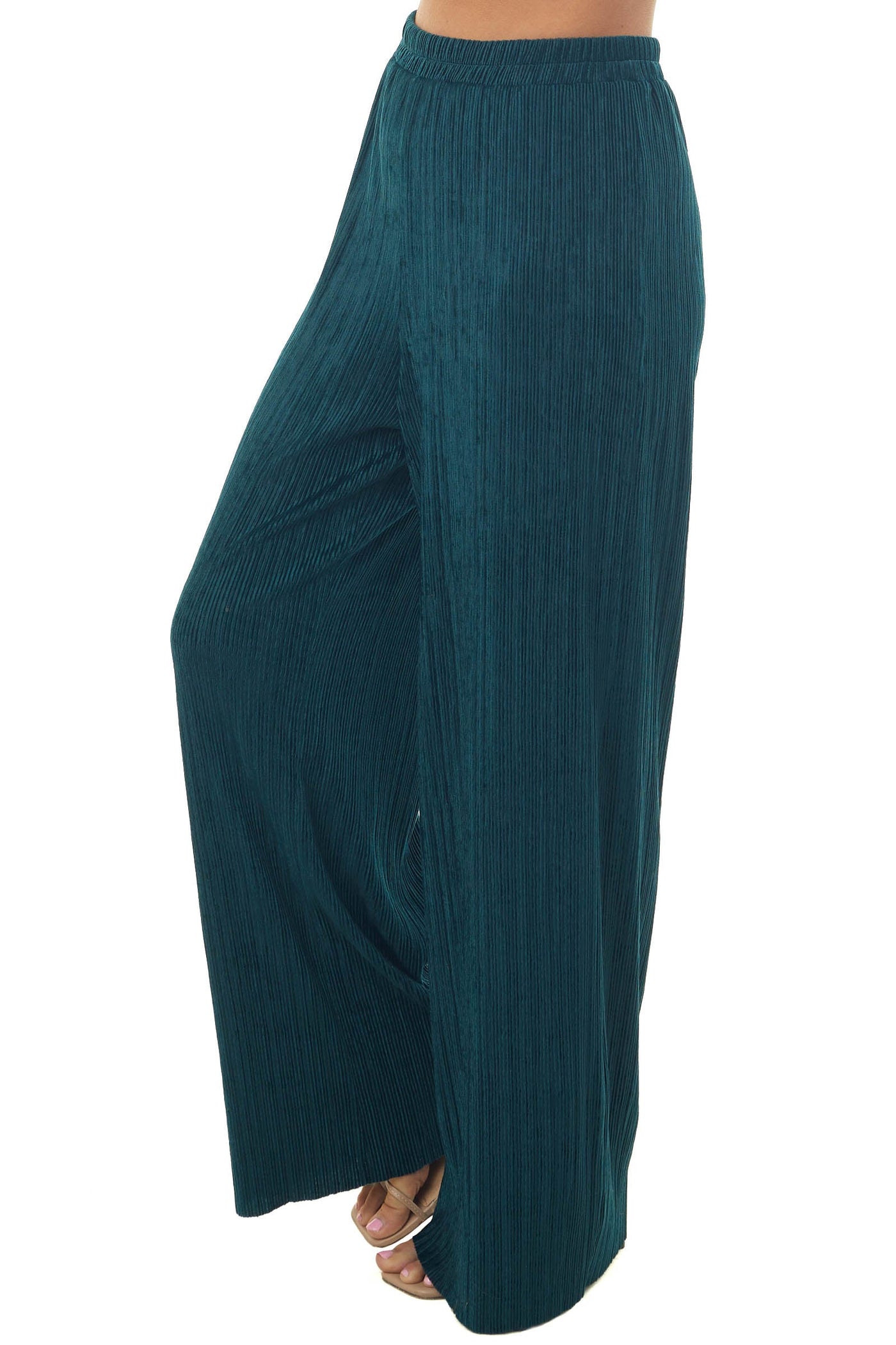 Forest Green Elastic Waist Wide Leg Ribbed Pants