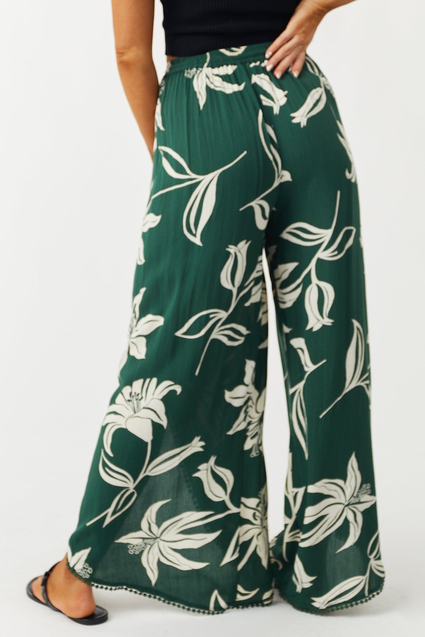 Forest Green Floral Open Leg Flowy Wrap Pants