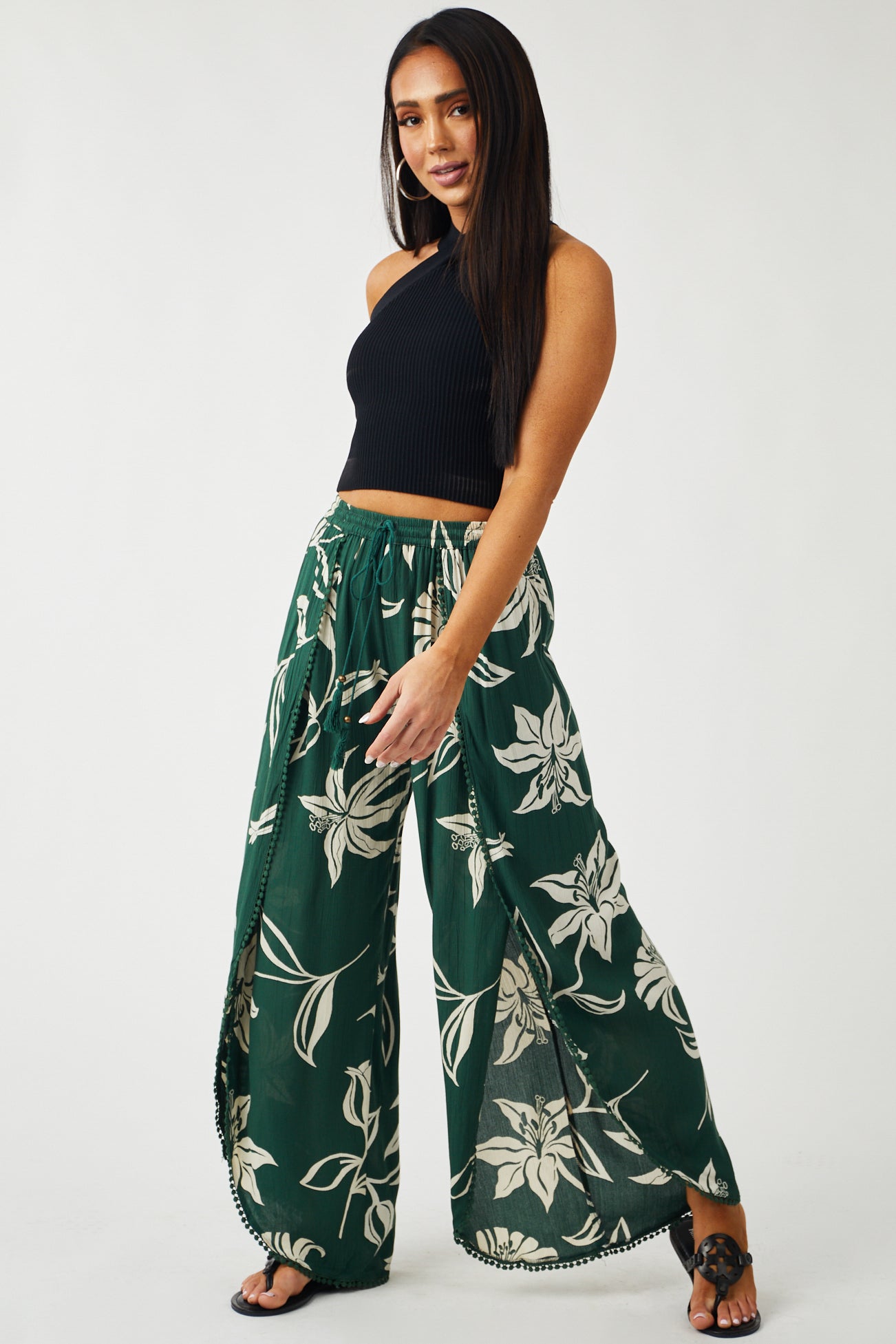 Forest Green Floral Open Leg Flowy Wrap Pants