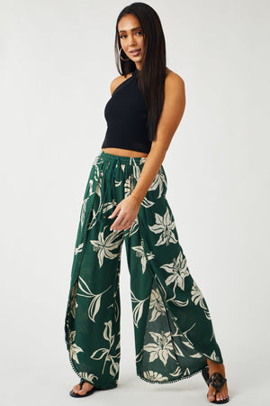 Forest Green Floral Open Leg Flowy Wrap Pants