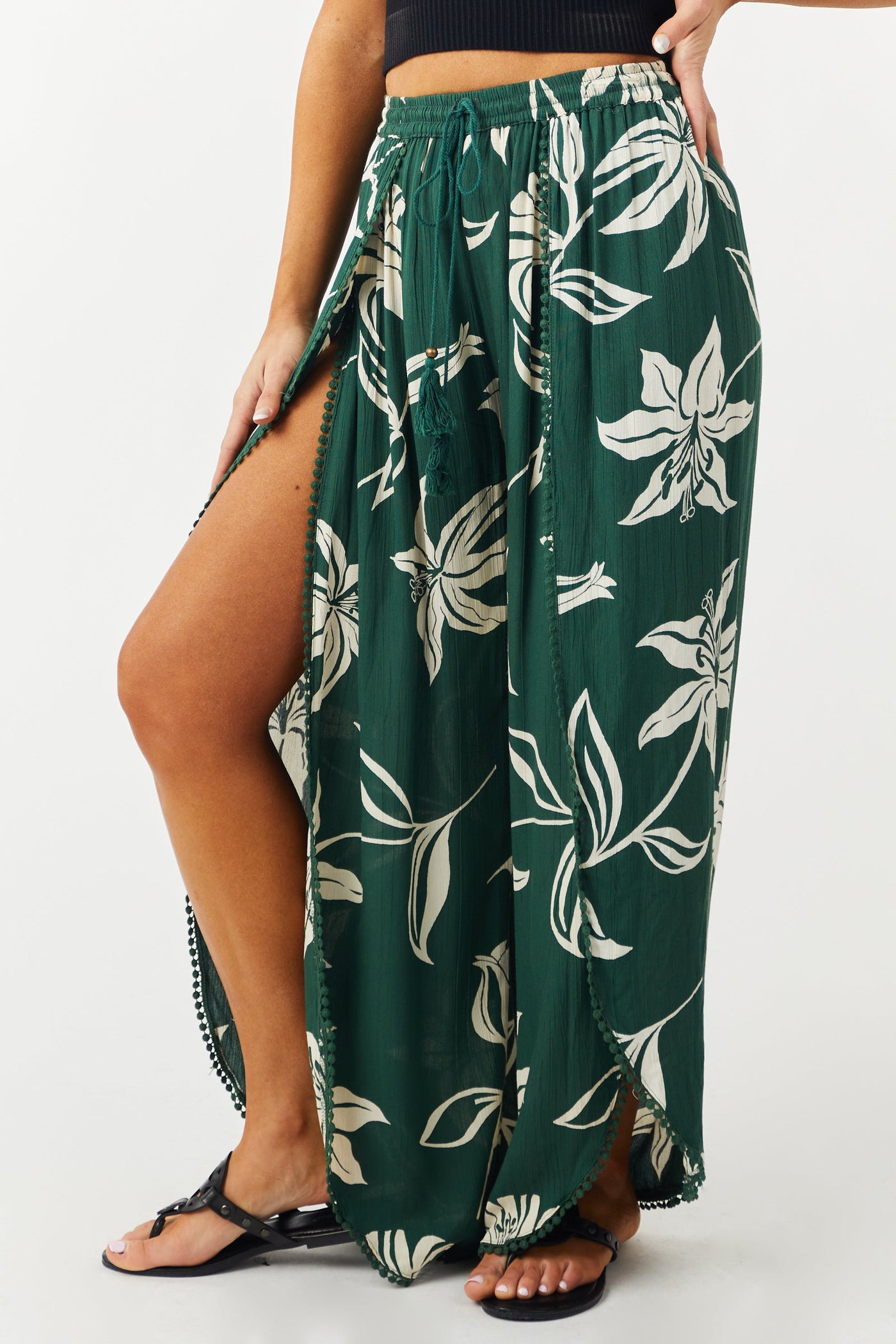Forest Green Floral Open Leg Flowy Wrap Pants