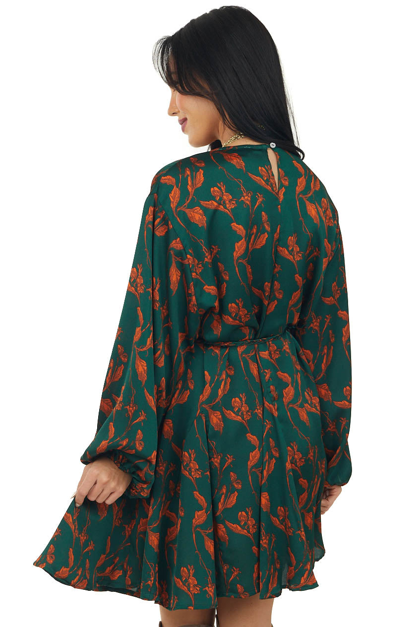 Forest Green Floral Print Long Sleeve Woven Dress