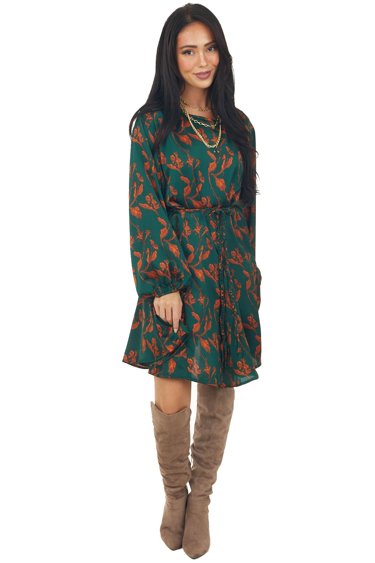 Forest Green Floral Print Long Sleeve Woven Dress