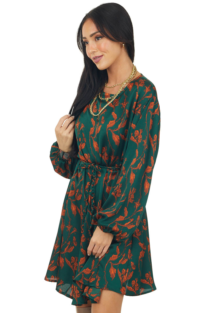 Forest Green Floral Print Long Sleeve Woven Dress