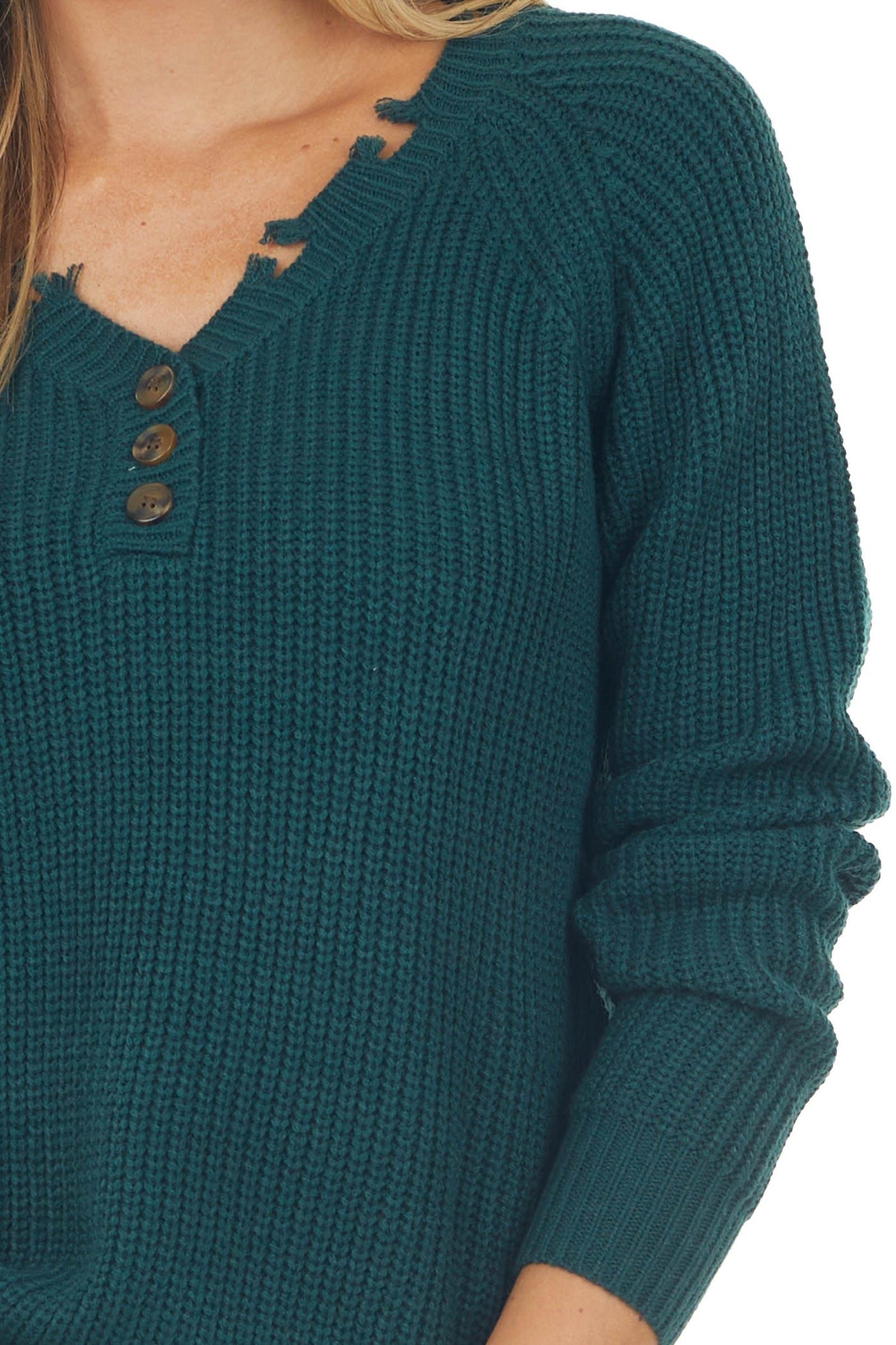 Forest Green Frayed V Neck Button Up Sweater