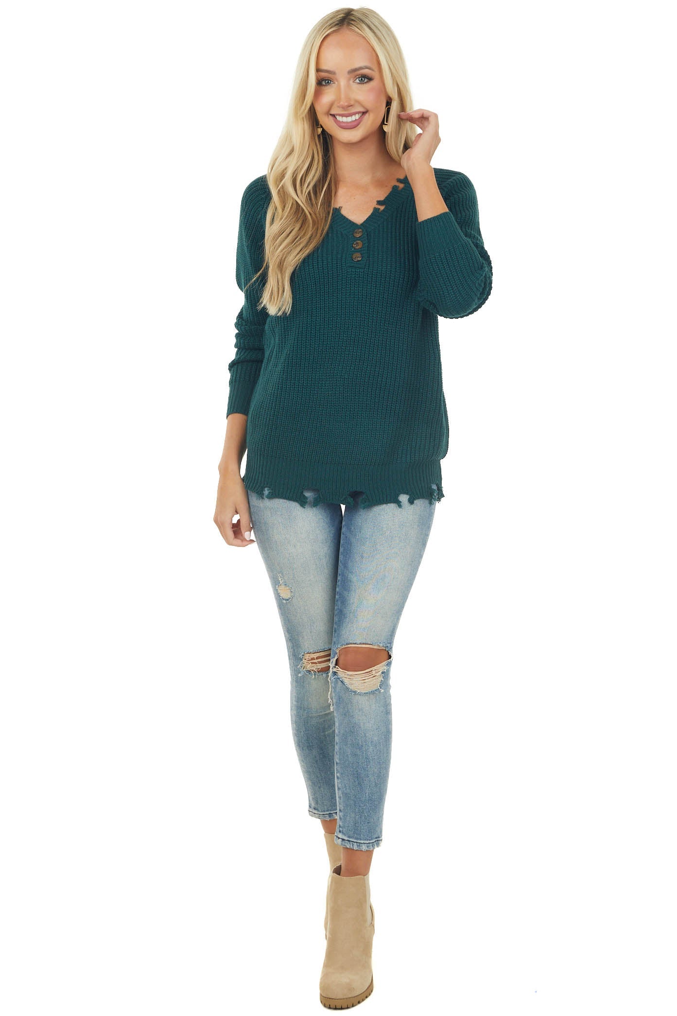 Forest Green Frayed V Neck Button Up Sweater