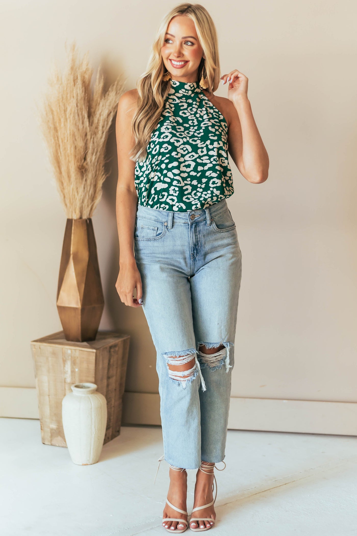 Forest Green Leopard Print Halter Neck Blouse