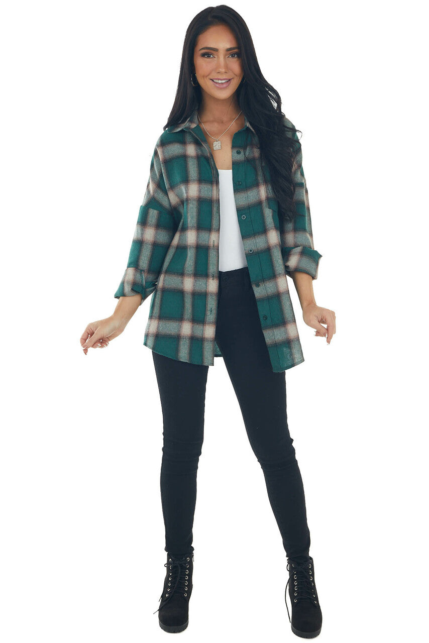 Forest Green Plaid Button Up Long Sleeve Top