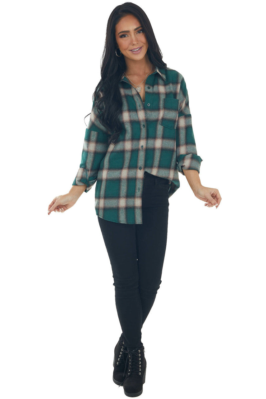 Forest Green Plaid Button Up Long Sleeve Top