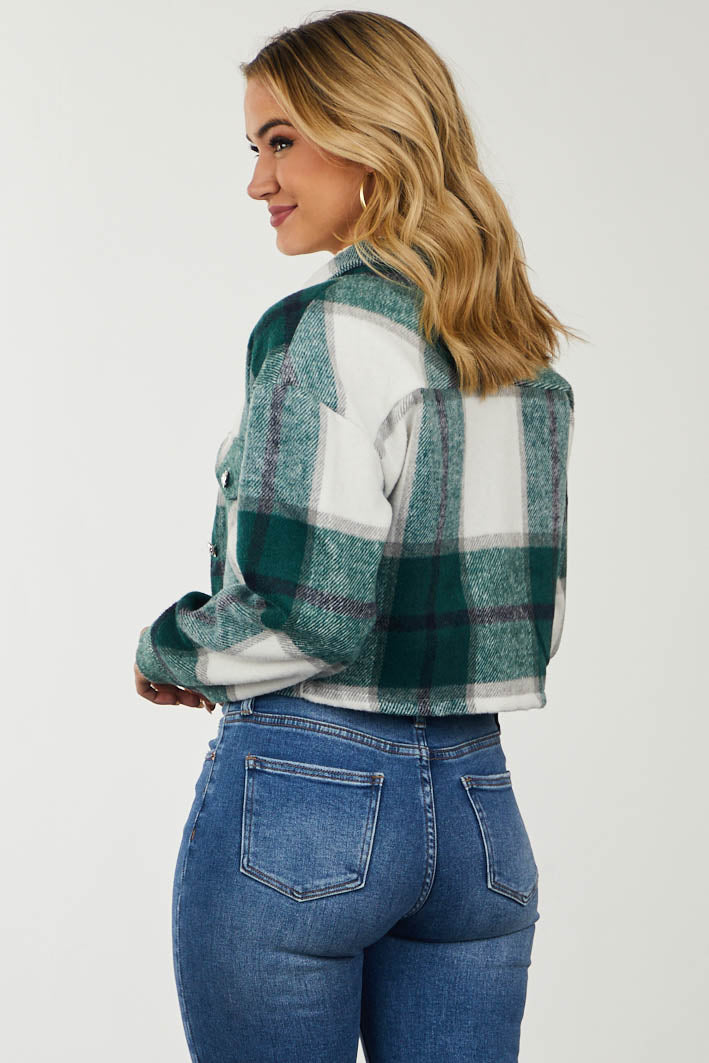 Forest Green Plaid Cropped Fleece Shirt Jacket