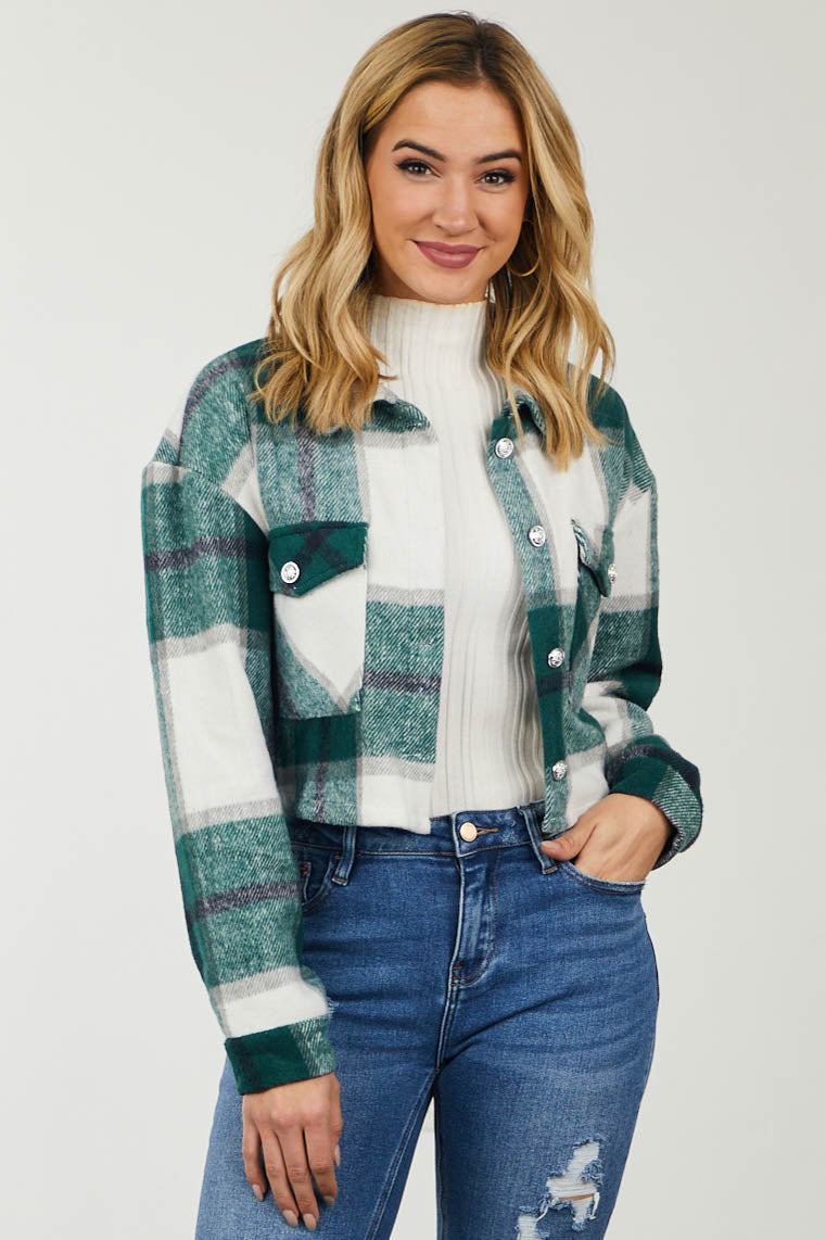 Forest Green Plaid Cropped Fleece Shirt Jacket